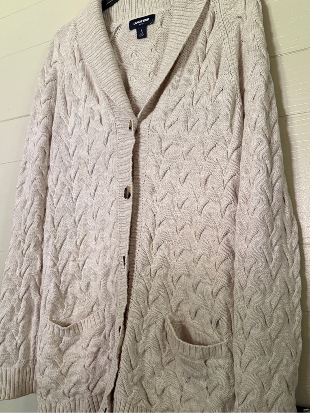 Lands' End Drifter Oatmeal Cream Cable-Knit Shawl Collar Cardigan S 6-8 Women’s